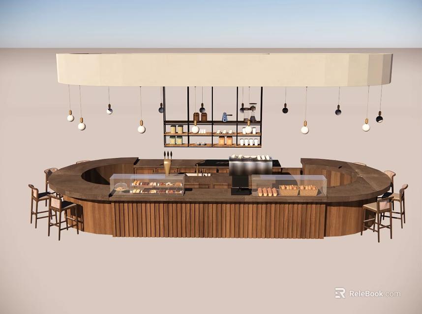 Round Wooden Bar Dining Table Set With Hanging Lights And Display Cases 3d model