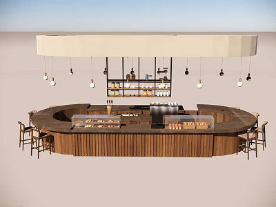 Round Wooden Bar Dining Table Set With Hanging Lights And Display Cases 3d model
