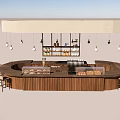 Round Wooden Bar Dining Table Set With Hanging Lights And Display Cases 3d model