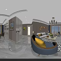 Elegant Modern Living Dining Room Interior With Sofa Armchair Chandelier TV Unit And Green Plant