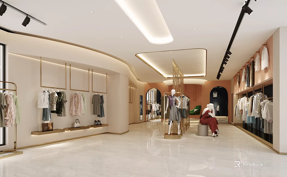 Modern Clothing Store Interior With Displayed Clothes Mannequins And Elegant Lighting 3d model 