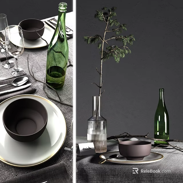 Elegant Tableware Set With Bowls Plates Wine Glasses Green Bottle And Decorative Branch 3d model 