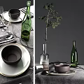 Elegant Tableware Set With Bowls Plates Wine Glasses Green Bottle And Decorative Branch