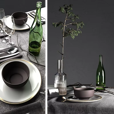 Elegant Tableware Set With Bowls Plates Wine Glasses Green Bottle And Decorative Branch 3d model