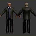 3D Elderly Man Character Front And Back View Wearing Striped Blazer Purple Sweater Dark Pants