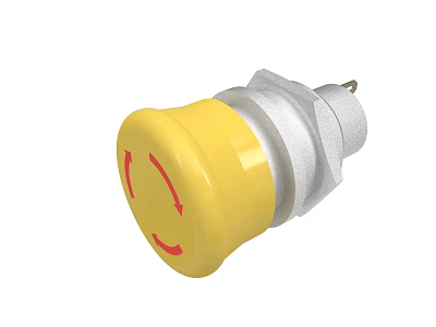 Yellow Emergency Stop Button With Red Arrows And Metal Base 3d model