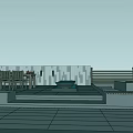Modern Garden Landscape with Outdoor Terrace Table Chairs Black Fire Pit Steps and Green Hills