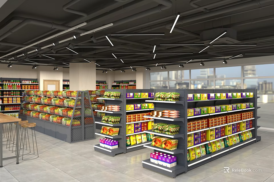 Brightly Lit Supermarket Aisles With Organized Shelves And Diverse Grocery Products 3d model 