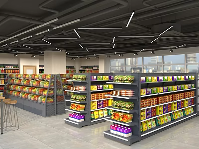 Brightly Lit Supermarket Aisles With Organized Shelves And Diverse Grocery Products 3d model