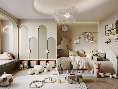 Kids Bedroom Interior Design With Cozy Curved Bed Stuffed Toys Toy Car And Storage Boxes 3d model