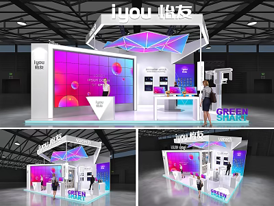 Innovative iuou ltd Exhibition Booth With Green Sharp Branding Large Screen And Colorful Lighting 3d model