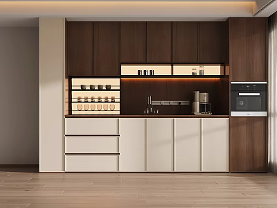 Modern Wine Cabinet Interior With Wooden White Glass Doors Wine Glasses And Lighting 3d model