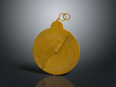Golden Circular Decorative Item with Intricate Patterns and Double Ring Hanger Antique Style Ornamental Design 3d model