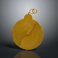 Golden Circular Decorative Item with Intricate Patterns and Double Ring Hanger Antique Style Ornamental Design