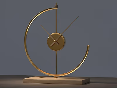 Golden Modern Desk Clock With Curved Frame And Wooden Base Design 3d model