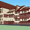 Multi Story Building Exterior With Red Roof White And Brown Walls And Windows