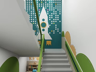 Kindergarten Staircase with Green Railings Decorative Wall and Rocket Motifs 3d model