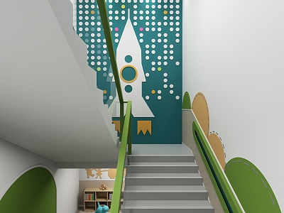 Kindergarten Staircase Rocket Theme Wall Ring Creations Early Childcare School Staircase model