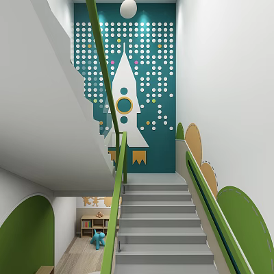 Kindergarten Staircase with Green Railings Decorative Wall and Rocket Motifs 3d model