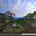 Garden Landscape with Wooden Deck Small Pond Green Plants Red Leaved Tree and Stone Decorations