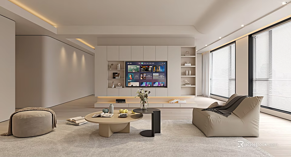 Modern Living Room With TV Cabinet Coffee Table Beige Sofa And Floor To Ceiling Window 3d model 