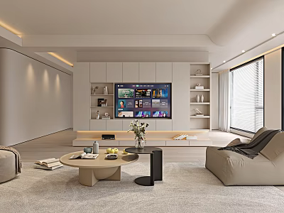 Modern Living Room With TV Cabinet Coffee Table Beige Sofa And Floor To Ceiling Window 3d model