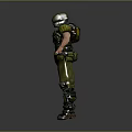 3D Model Of Warrior Character In Metallic Armor With Green Pants And Helmet