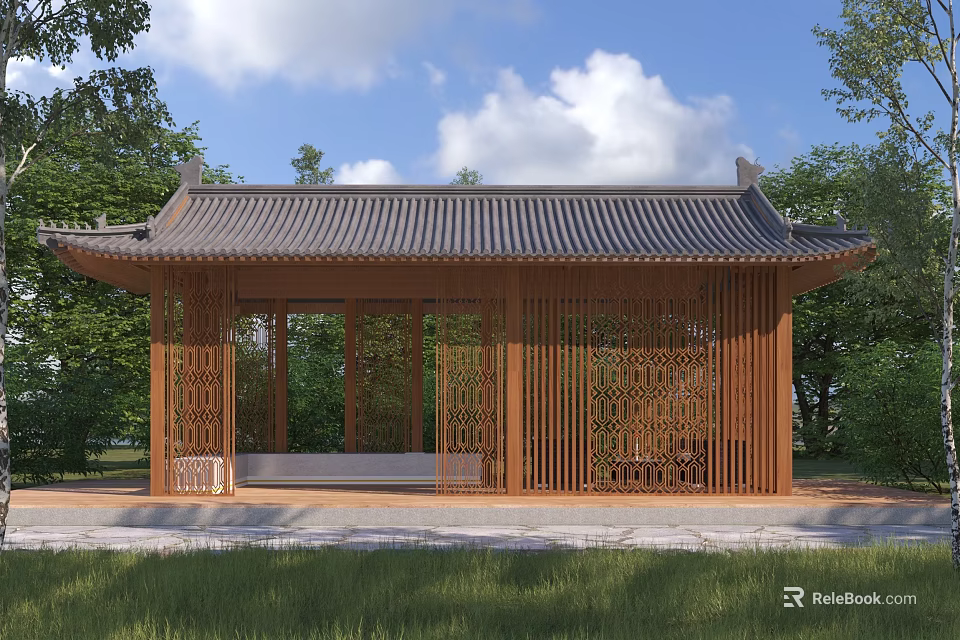 Traditional Wooden Pergola with Classic Curved Roof Carved Lattice Surrounded by Green Trees 3d model 