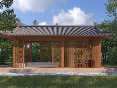 Traditional Wooden Pergola with Classic Curved Roof Carved Lattice Surrounded by Green Trees 3d model