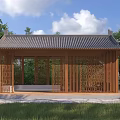 Traditional Wooden Pergola with Classic Curved Roof Carved Lattice Surrounded by Green Trees