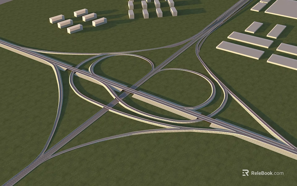 Multi Level Interchange Bridge With Multiple Curved Roads Green Landscape And Buildings 3d model 