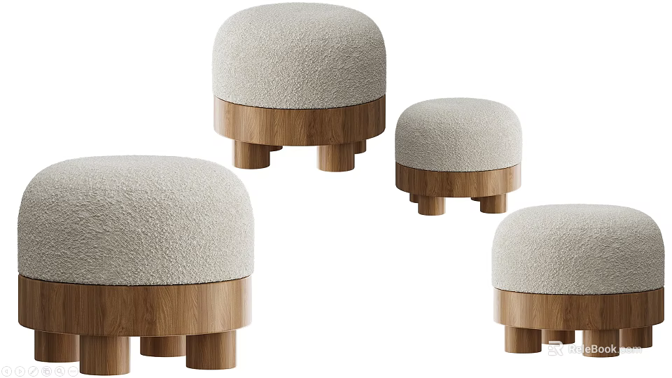 Plush Round Stools With Fabric Seats And Wooden Legs For Home Decor 3d model 