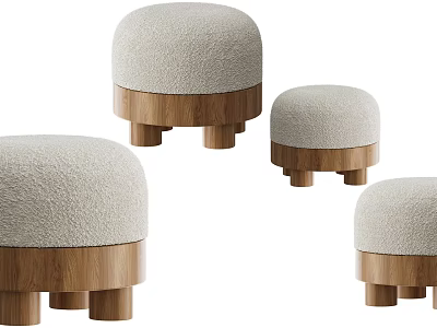 Plush Round Stools With Fabric Seats And Wooden Legs For Home Decor 3d model
