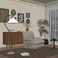 Elegant Single Sofa in Living Room with Framed Artworks Floor Lamp Side Cabinet and Rug