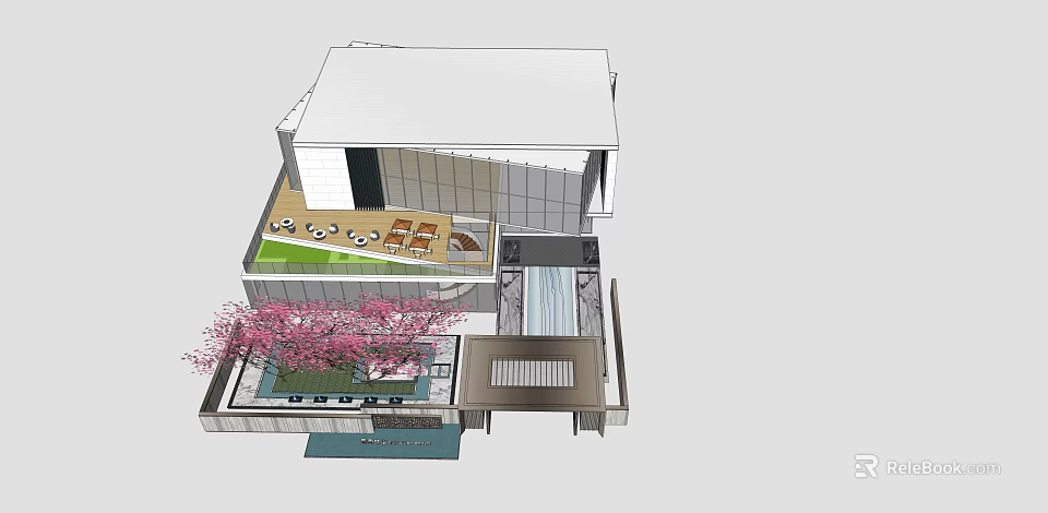 Modern Sales Office Building Exterior Featuring Courtyard Cherry Blossom Tree And Entrance 3d model 