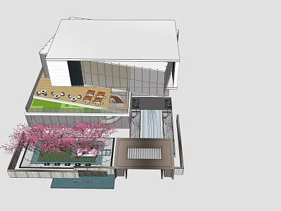 Modern Sales Office Building Exterior Featuring Courtyard Cherry Blossom Tree And Entrance 3d model