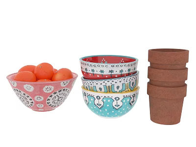 Colorful Patterned Bowls And Stacked Terracotta Plant Pots As Household Items 3d model