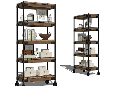 Industrial Style Storage Rack with Wooden Shelves Metal Frame and Wheels for Books Decorative Items 3d model