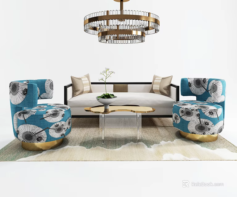 Light Colored Sofa Coffee Table Combination With Glass Top Blue Patterned Accent Chairs Gold Legs 3d model