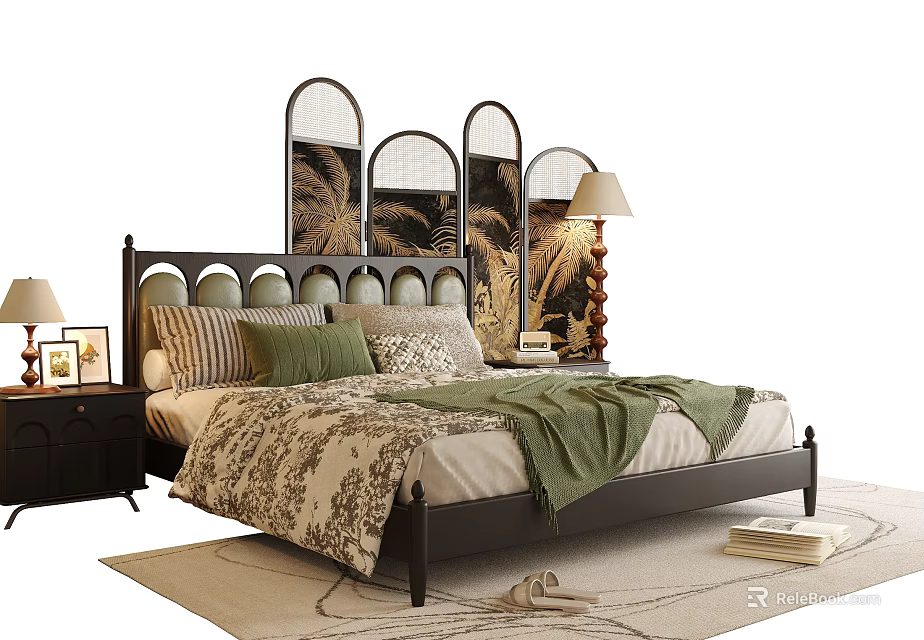 Double Bed with Black Arch Headboard Patterned Bedding Green Throw Nightstand Lamps and Palm Art 3d model 