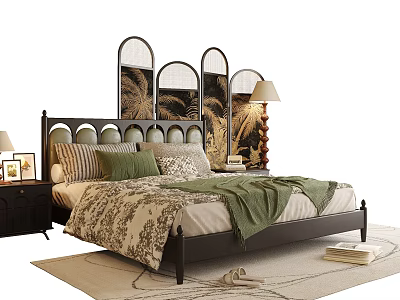 Double Bed with Black Arch Headboard Patterned Bedding Green Throw Nightstand Lamps and Palm Art 3d model