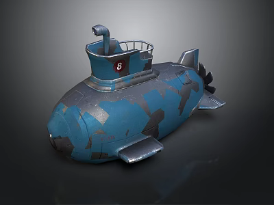 Military Style Blue Camouflage Submarine With Periscope Number 8 And Top Railings 3d model