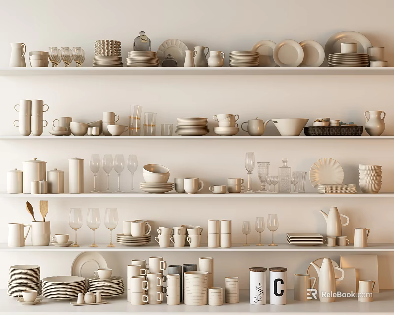 White Dinnerware Set Collection with Cups Plates Bowls on Shelf 3d model
