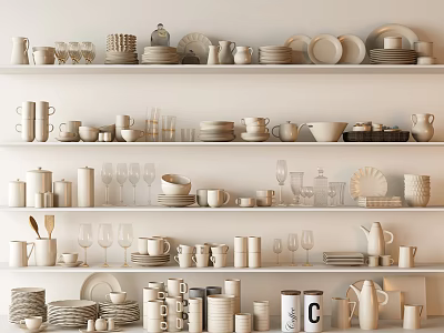 White Dinnerware Set Collection with Cups Plates Bowls on Shelf 3d model