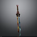Decorative Fantasy Weapon Sword With Pink Tip Brown Hilt Blue Red Blade And Ornate Patterns