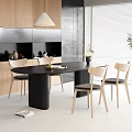 Modern Dining Table Set With Black Round Table And Light Wood Chairs In Kitchen Interior 3d model
