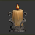 Burning Orange Candle With Melting Wax On Metal Candlestick Holder Against Dark Background