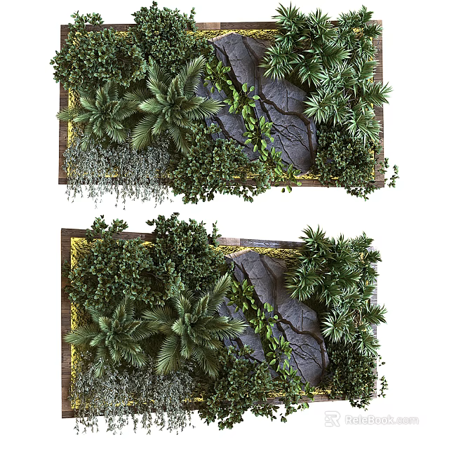 Lush Vibrant Living Plant Wall With Diverse Greenery And Natural Stones 3d model 