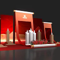 Ceremonial Stage Decoration With Red Backdrop Scroll Ornaments White Building Models And Floral Arrangement