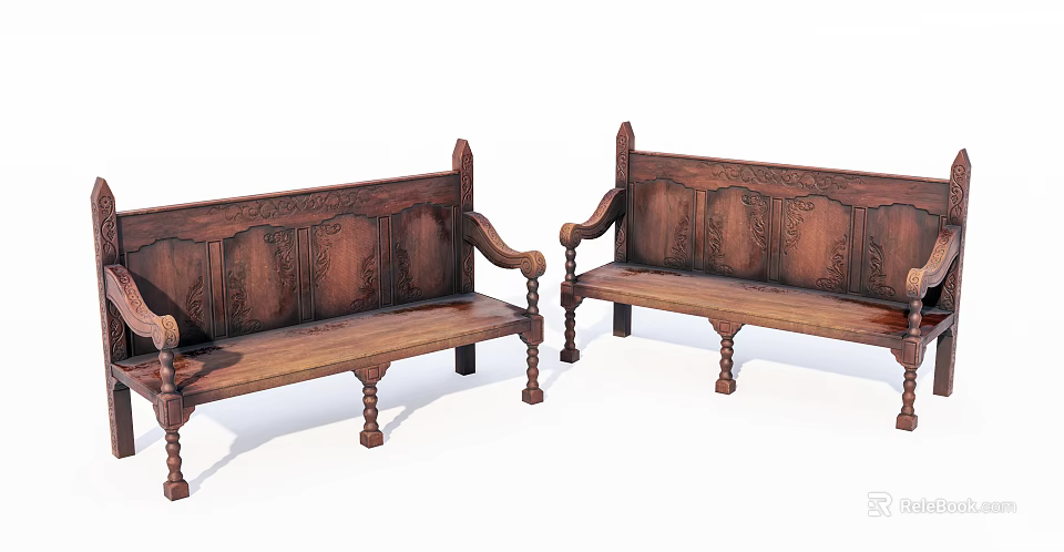 Traditional Wooden Public Chairs With Carved Backrest And Ornate Armrests 3d model 